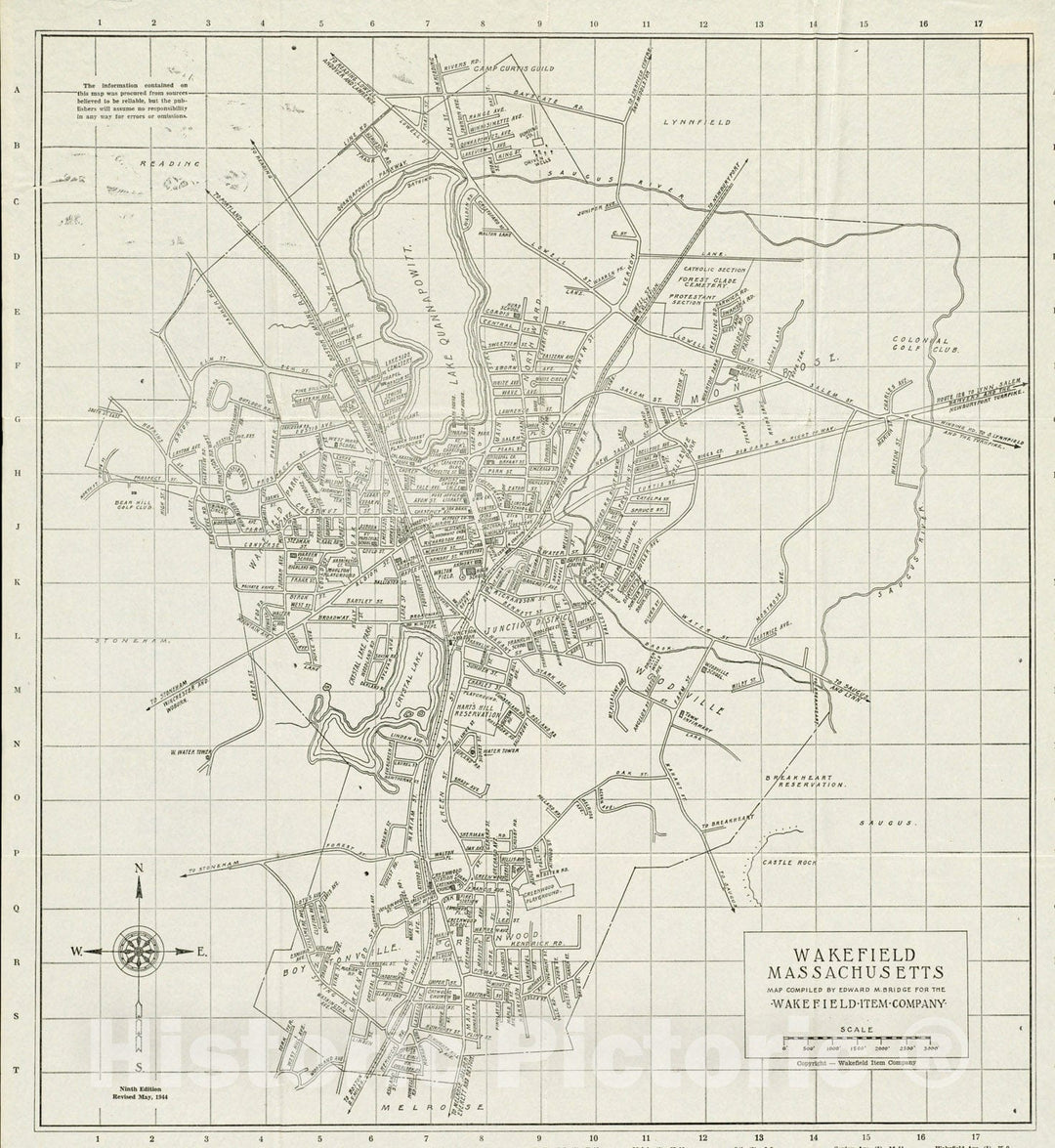 Historical Map, 1944 Wakefield, Massachusetts, Vintage Wall Art