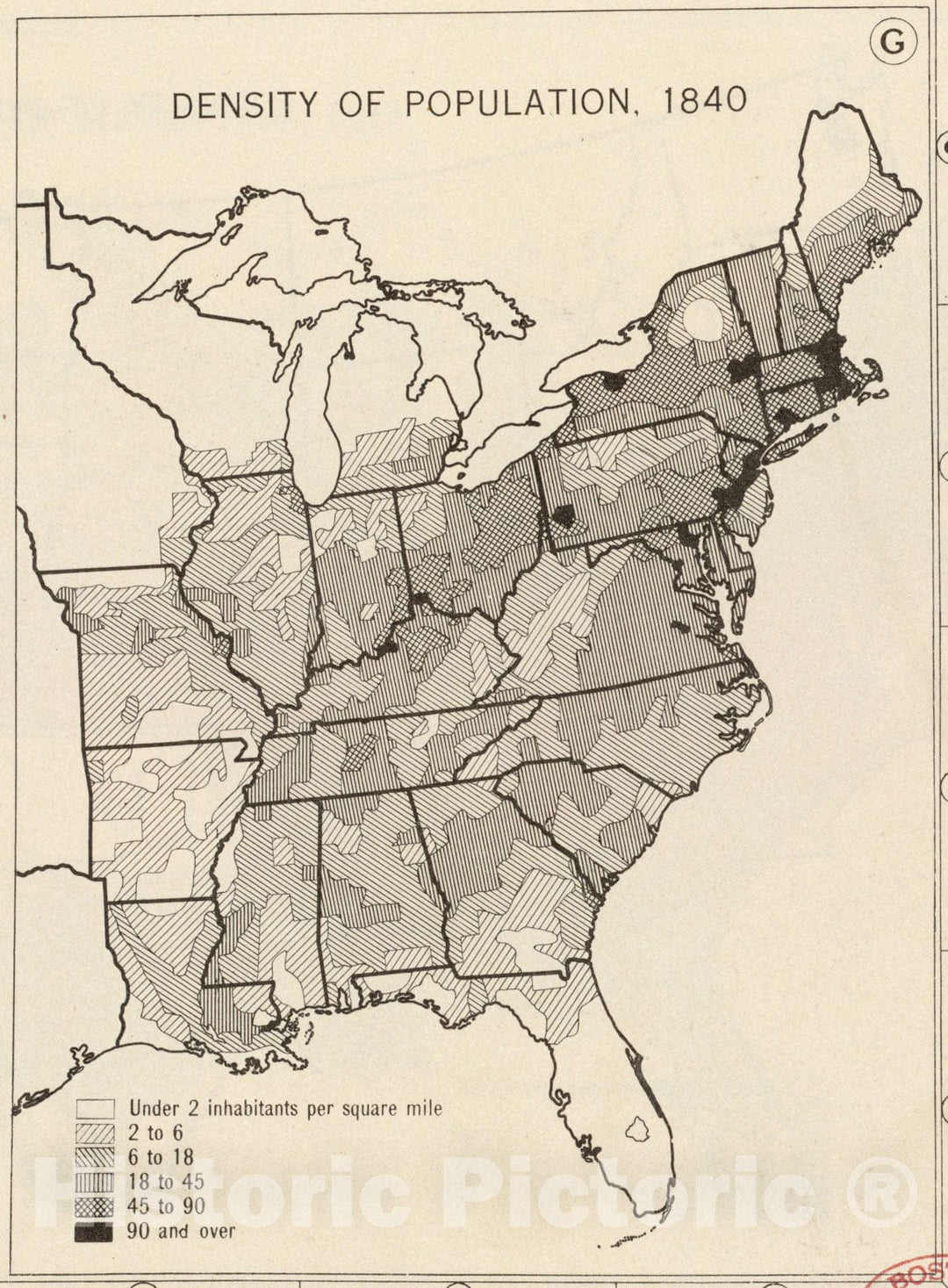 Historical Map, Density of Population, 1840, Vintage Wall Art