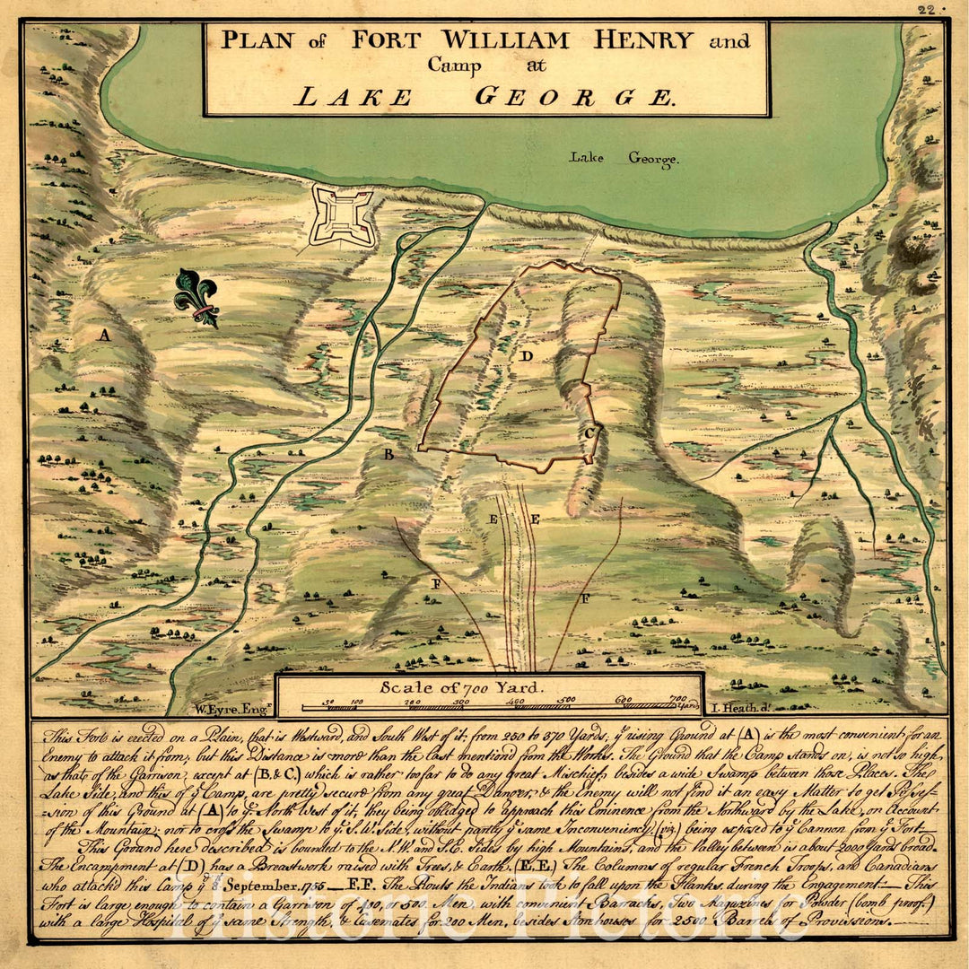 Historical Map, 1755 Plan of Fort William Henry and camp at Lake George, Vintage Wall Art