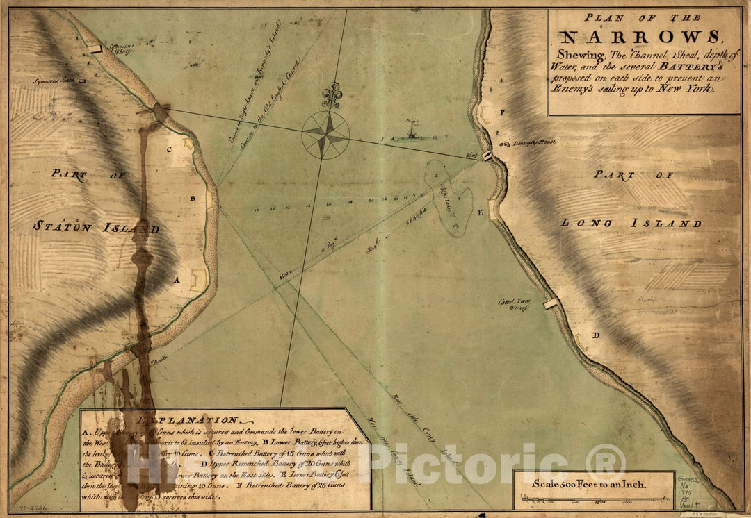 Historical Map, 1776 Plan of The Narrows, shewing The Channel, Shoal, Depth of Water to Prevent an enemy's Sailing up to New York, Vintage Wall Art
