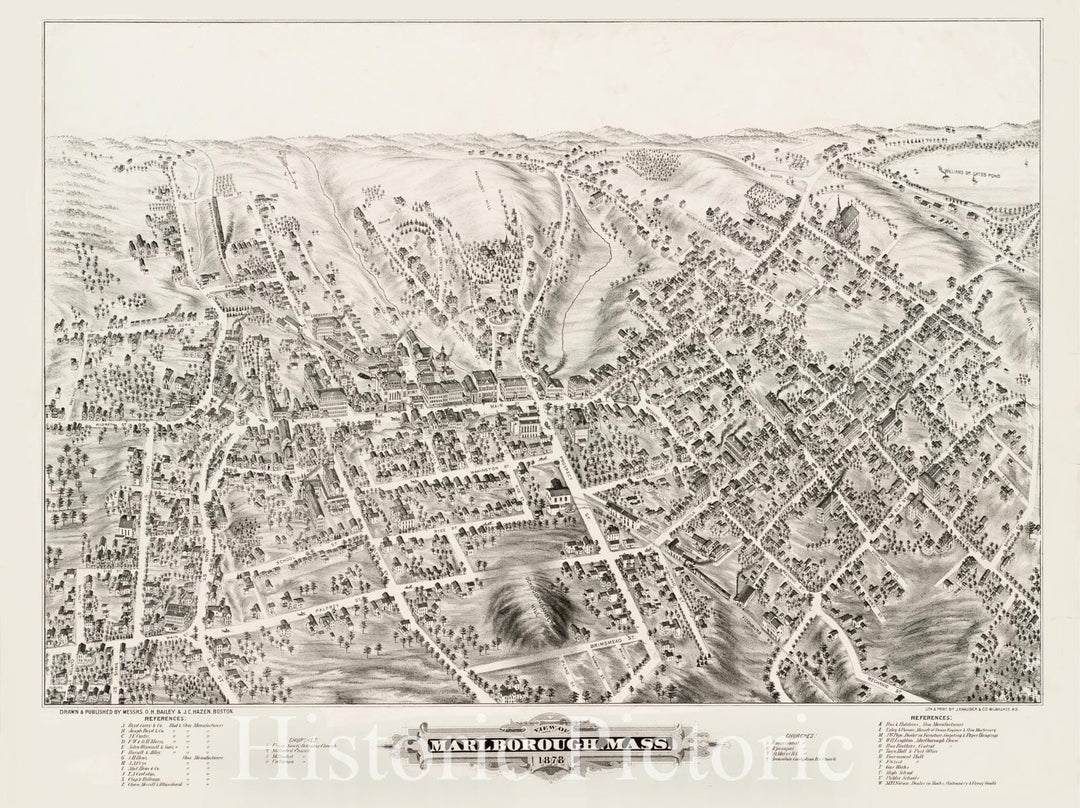 Historical Map, View of Marlborough, Mass : 1879, Vintage Wall Art