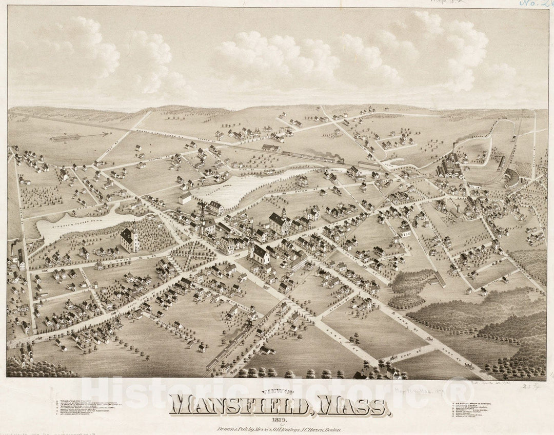 Historical Map, View of Mansfield, Mass : 1879, Vintage Wall Art