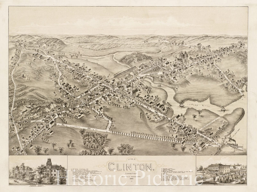 Historical Map, View of Clinton, Connecticut : 1881, Vintage Wall Art