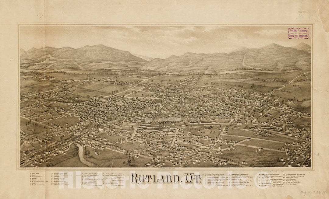 Historical Map, ca. 1885 Rutland, Vt, Vintage Wall Art