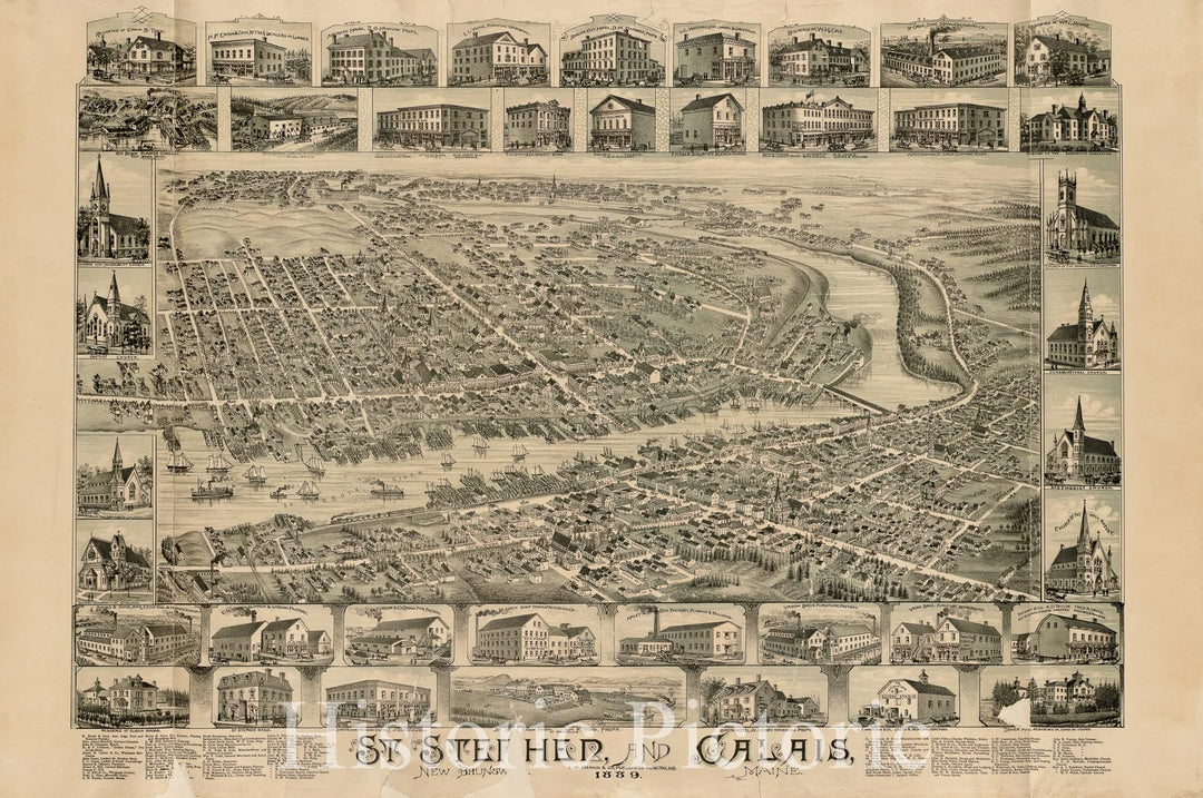 Historical Map, St. Stephen, New Brunswick and Calais, Maine : 1889, Vintage Wall Art