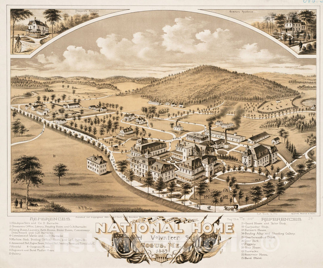 Historical Map, Eastern Branch, National Home for Disabled Volunteer Soldiers, Togus, Me, 1885, Vintage Wall Art