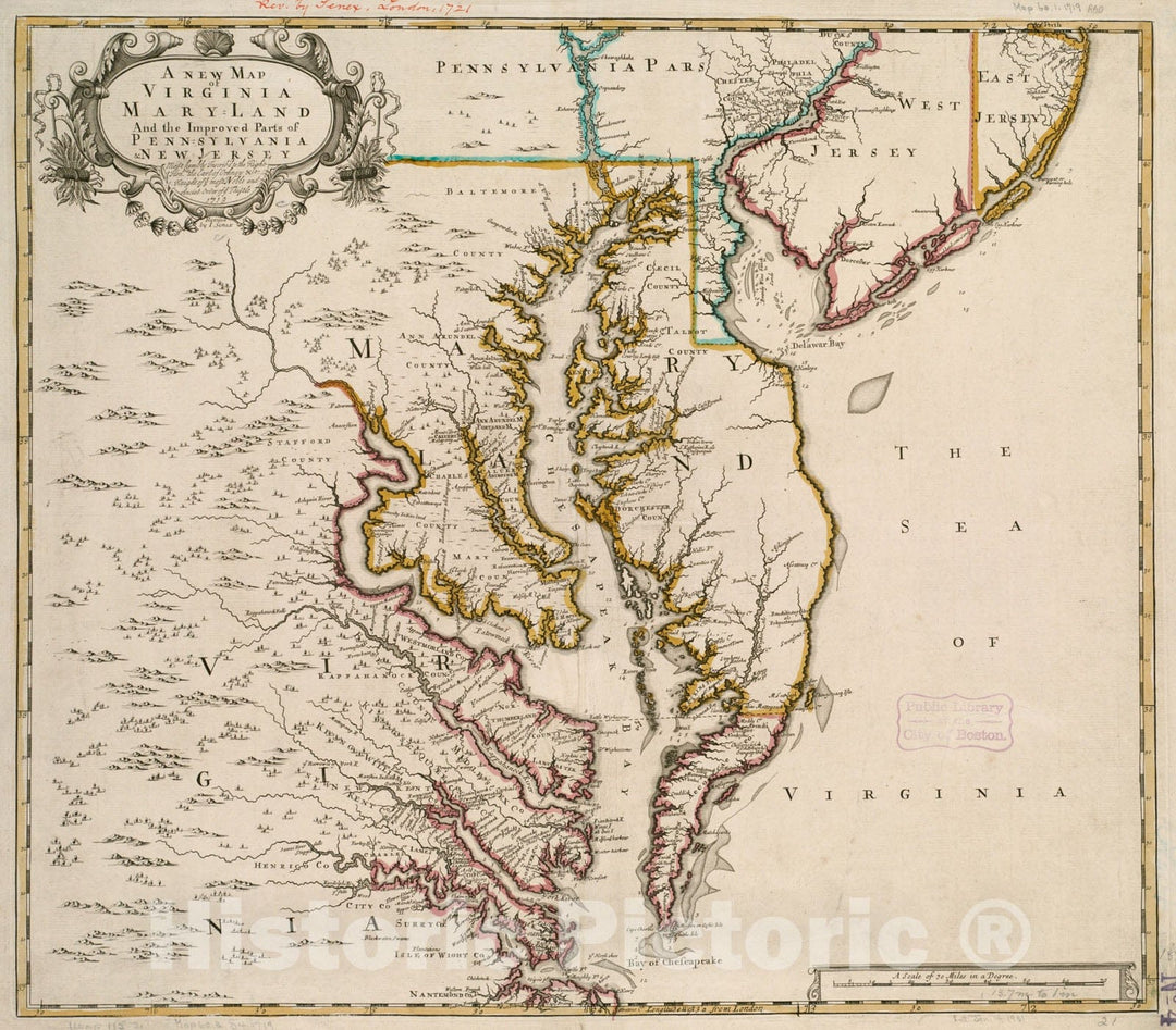 Historical Map, 1721 A New map of Virginia, Mary-Land and The Improved Parts of Penn-Sylvania & New Jersey, Vintage Wall Art