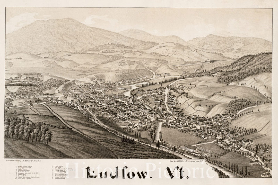 Historical Map, ca. 1885 Ludlow, Vt, Vintage Wall Art