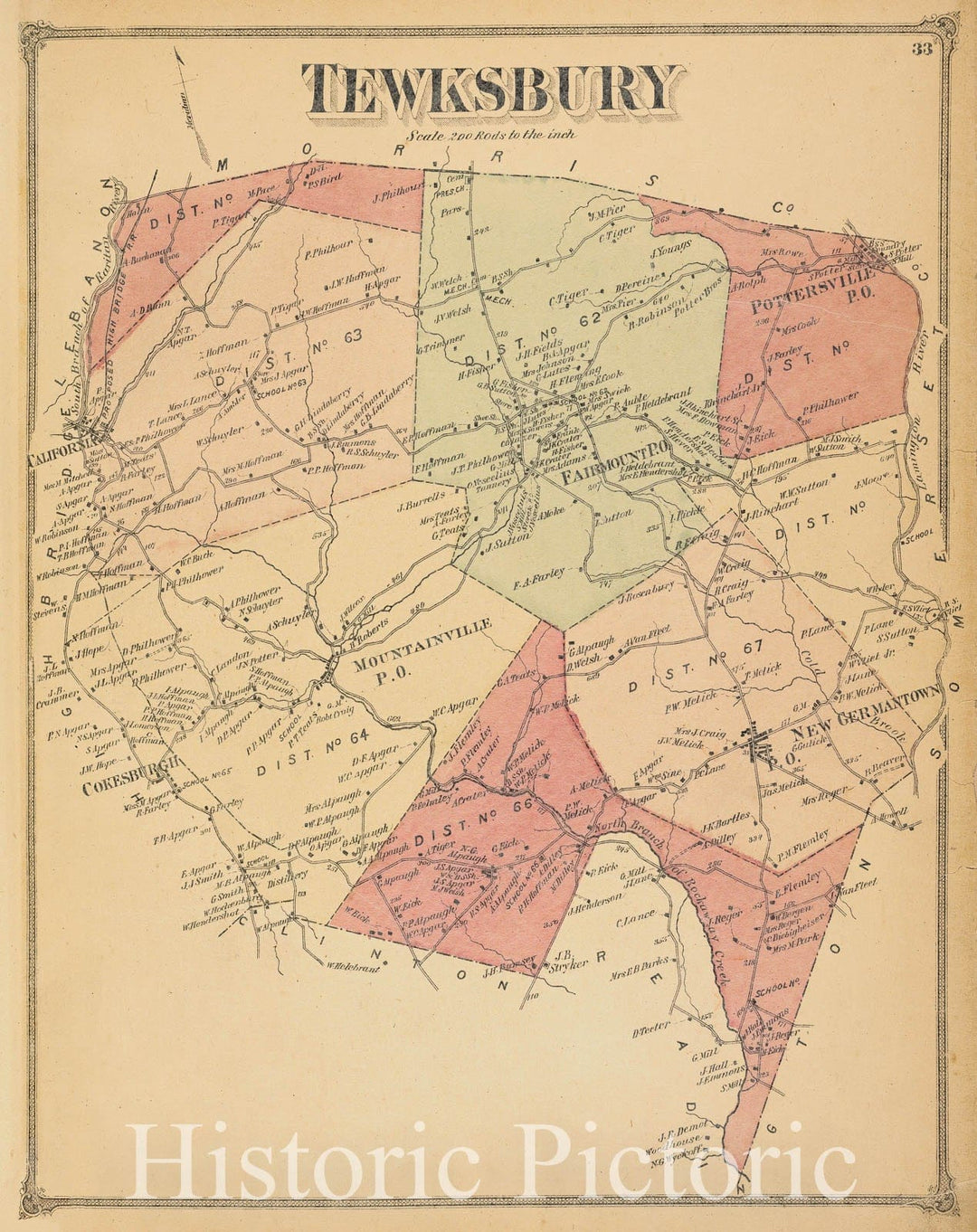 Historic Map - 1873 Hunterdon County (N.J.), Tewksbury - Vintage Wall Art