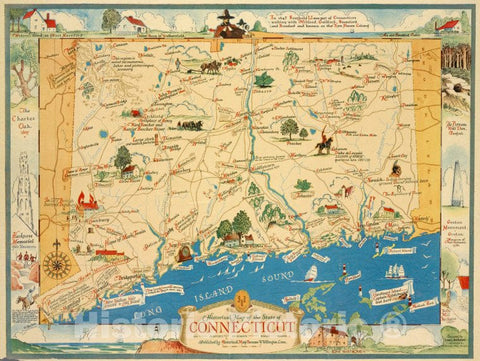 Historic 1930 Map - Historical Map Of The State Of Connecticut - Connecticut, Pictorial - Historymaps Of North America. - Connecticut - Vintage Wall Art