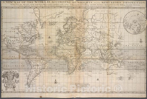 Historic 1705 Map - A New Map Of The World According To Wrights Alias Mercators Proj- Charts And Maps - Vintage Wall Art