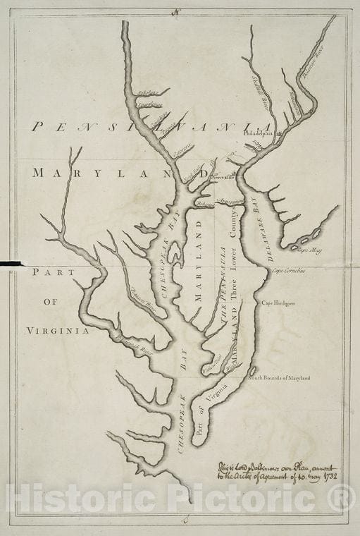 Historic Map - 1735 Chesapeake Bay Region (Md. And Va.), Lord Balitmore'S Own Plan : Proposed Maryland/Pennsylvania Boundary. - Vintage Wall Art