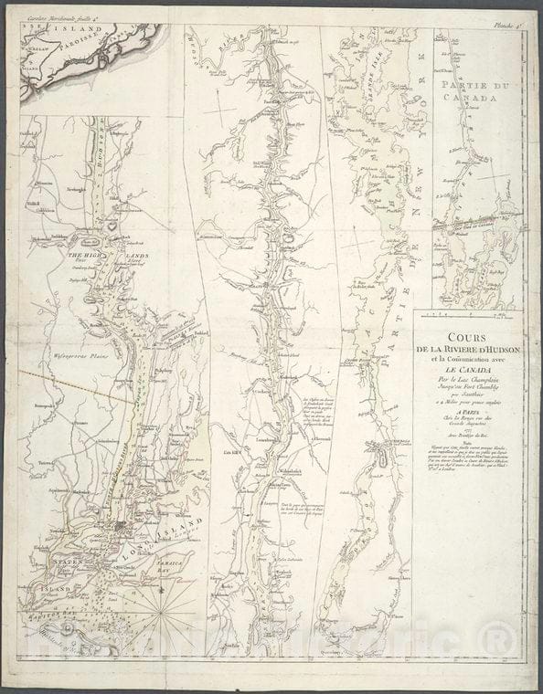 Historic Map - 1777 Hudson River Valley (N.Y. And N.J.), Cours De La Riviere D'Hudson Et La Camunication C Le Canada Par Le Lac Champlain Jusqu'Au Fort Chambly. - Vintage Wall Art
