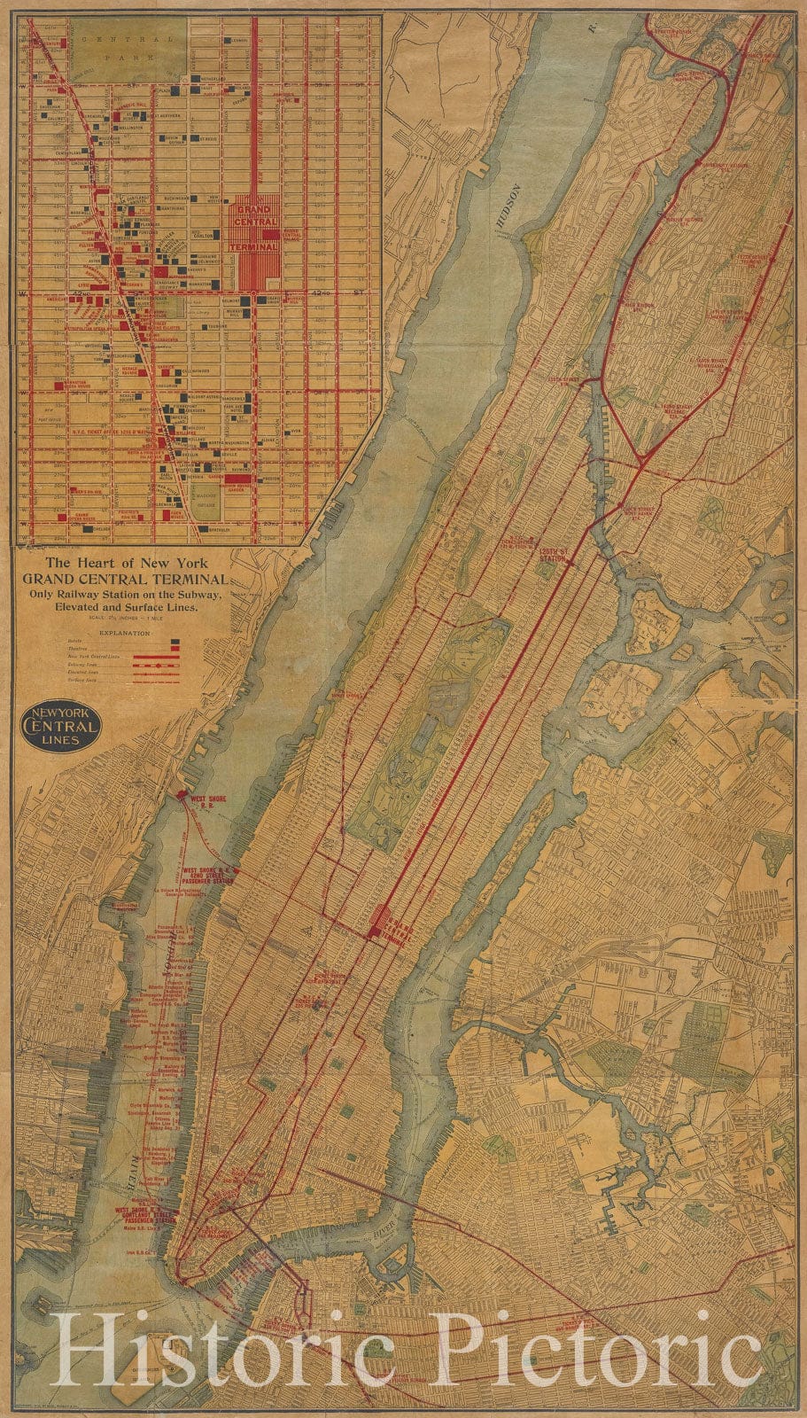 Historic Map - 1912 Manhattan (New York, N.Y.), Theheart Of New York: Grand Central Terminal: Only Railway Station On The Subway, Elevated, And Surface Lines. - Vintage Wall Art