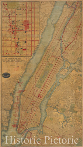 Historic Map - 1912 Manhattan (New York, N.Y.), Theheart Of New York: Grand Central Terminal: Only Railway Station On The Subway, Elevated, And Surface Lines. - Vintage Wall Art