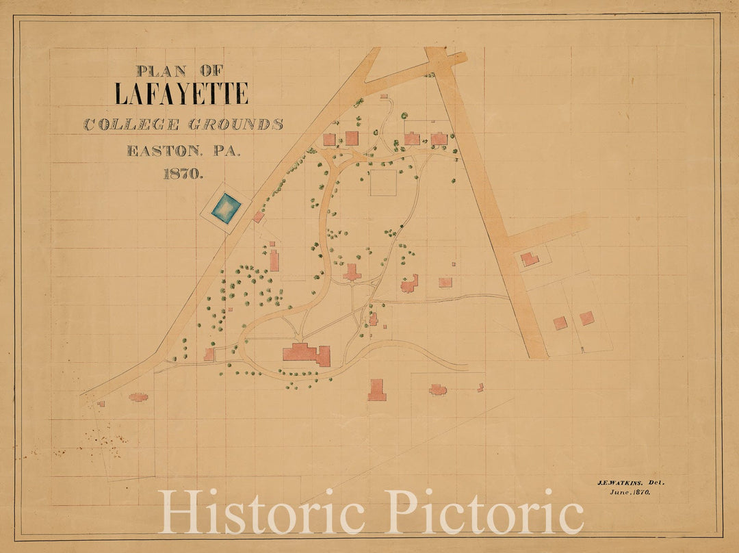 Historical Map, 1870 Plan of Lafayette College Grounds Easton, Pa, Vintage Wall Art