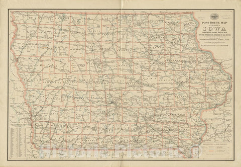 Historical Map, 1897 Post Route map of The State of Iowa Showing Post Offices with The Intermediate Distances on Mail Routes in Operation on The 1st of December, 1897, Vintage Wall Art