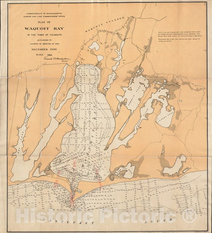 Historical Map, 1900 Plan of Waquoit Bay in The Town of Falmouth, Vintage Wall Art