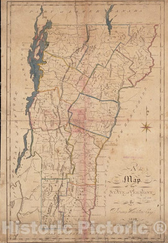 Historical Map, 1809 A map of The State of Vermont, Vintage Wall Art