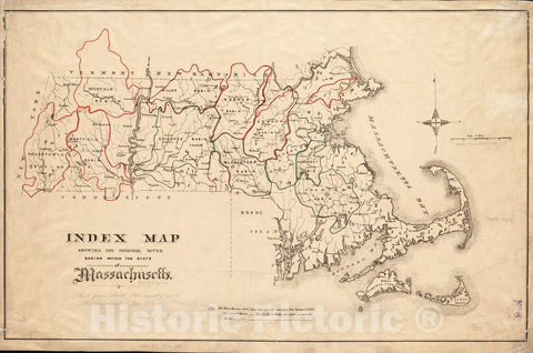 Historical Map, 1876 Index map Showing The Principal River basins Within The State of Massachusetts, Vintage Wall Art