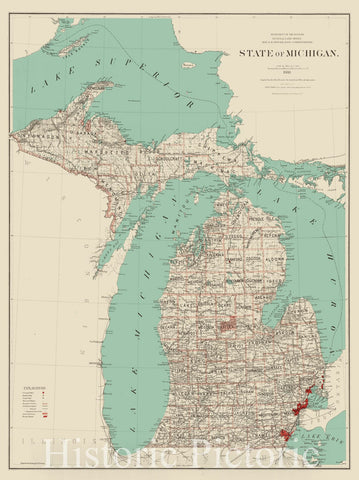 Historical Map, 1888 State of Michigan, Vintage Wall Art