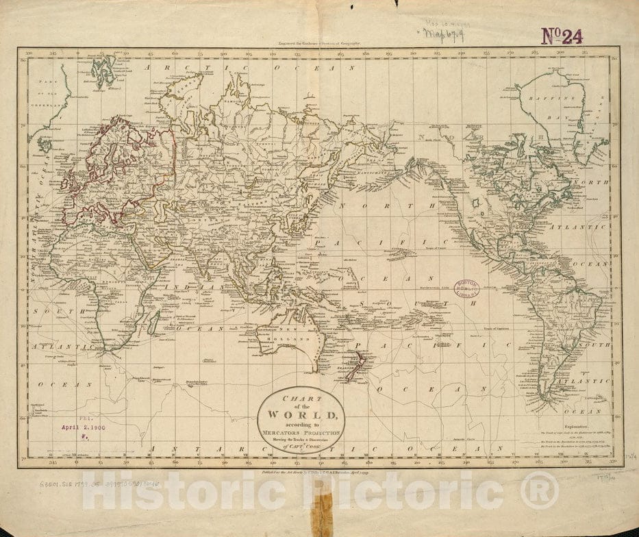 Historical Map, 1799 Chart of the world according to Mercators projection, shewing the tracks & discoveries of Captn. Cook, Vintage Wall Art
