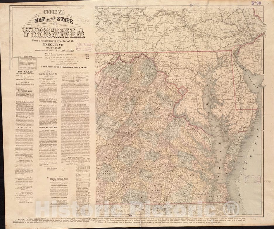 Historical Map, Lloyd's Official map of The State of Virginia : from Actual surveys by Order of The Executive, 1828 & 1859, Vintage Wall Art