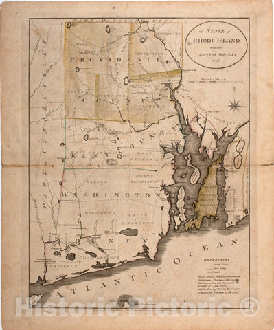 Historical Map, The State of Rhode Island, from The Latest surveys. 1796, Vintage Wall Art