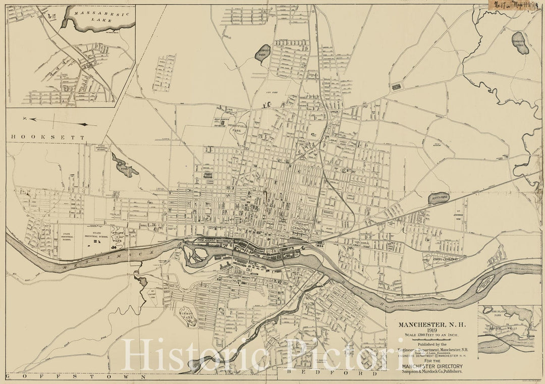 Historical Map, 1919 Manchester, N.H, Vintage Wall Art