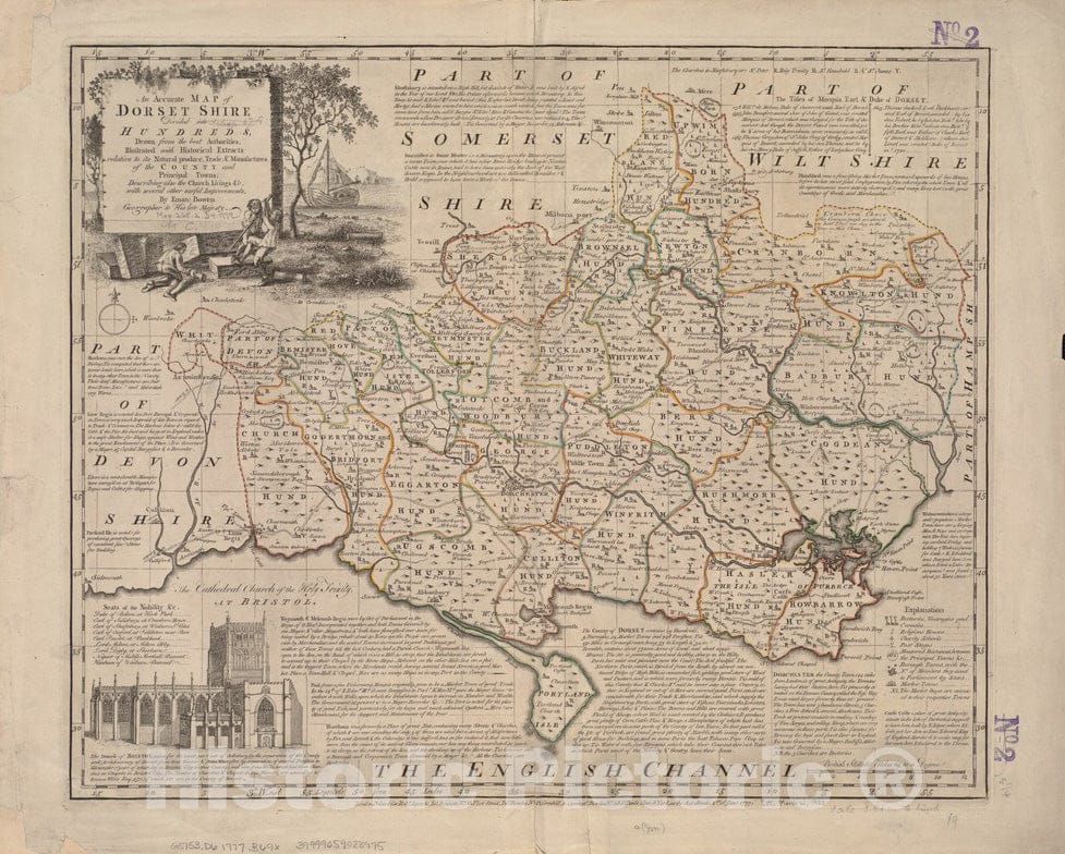 Historical Map, 1777 an Accurate map of Dorset Shire Divided into Hundreds, Vintage Wall Art