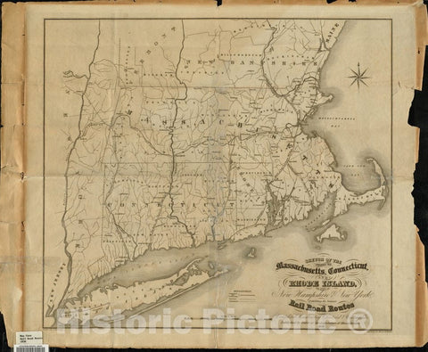 Historical Map, 1838 Sketch of The States of Massachusetts, Connecticut, and Rhode Island, and Parts of New Hampshire & New York exhibiting The Several Railroad, Vintage Wall Art