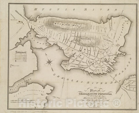 Historical Map, 1818 Plan of Charlestown peninsula in the state of Massachusetts, Vintage Wall Art