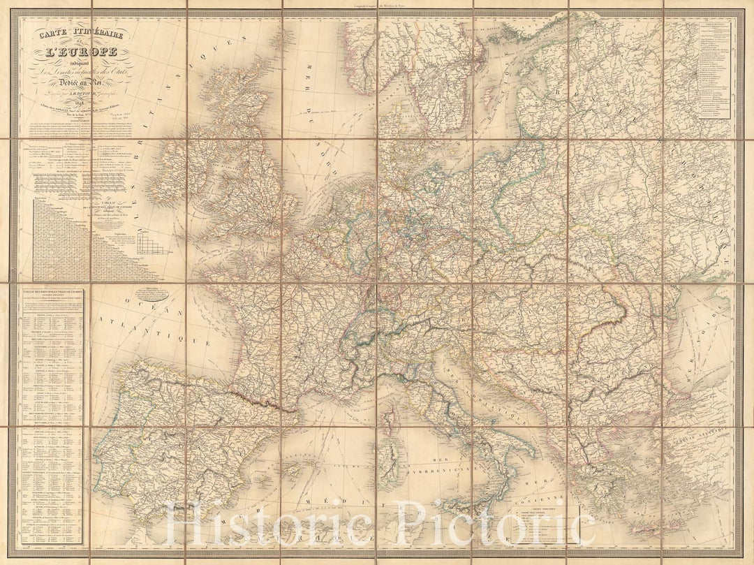 Historical Map, 1848 Carte itineIraire de l'Europe indiquant les limites actuelles des etats : deIdieIe au Roi, Vintage Wall Art