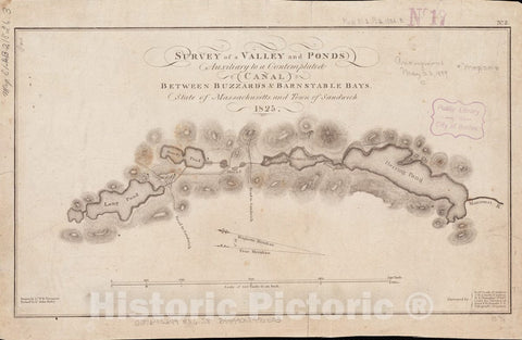 Historical Map, 1826 Survey of a Valley and Ponds Auxiliary to a contemplated Canal Between Buzzard's & Barnstable Bays, State of Massachusetts and Town of Sandwich, Vintage Wall Art