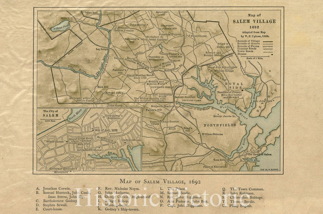 Historical Map, Map of Salem Village 1692, Vintage Wall Art