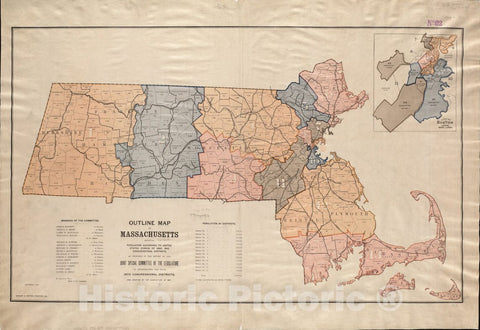 Historical Map, Outline map of Massachusetts Showing Population According to The United States Census of 1890, and Congressional Districts, Vintage Wall Art