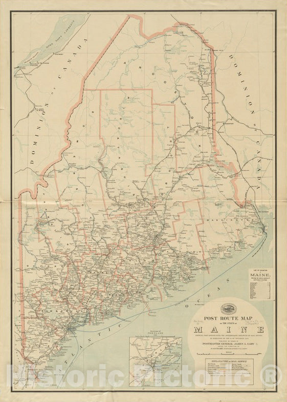 Historical Map, 1897 Post Route map of The State of Maine Showing Post Offices with The Intermediate Distances on Mail Routes in Operation on The 1st. of December 1897, Vintage Wall Art