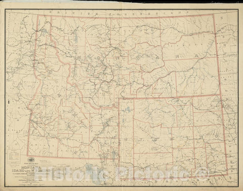 Historical Map, 1895 Post Route map of The States of Montana, Idaho and Wyoming with Adjacent Parts of N. & S. Dakota, Nebraska, Colorado, Utah, Nevada, Oregon, Vintage Wall Art