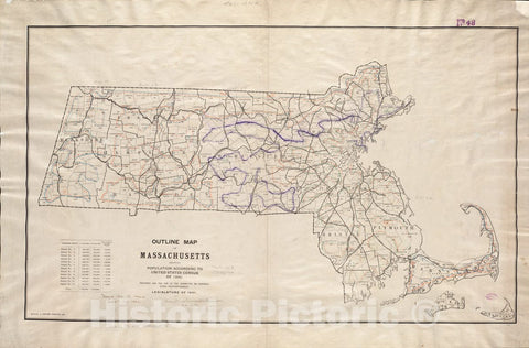 Historical Map, Outline map of Massachusetts showing population according to the United States census of 1890, Vintage Wall Art