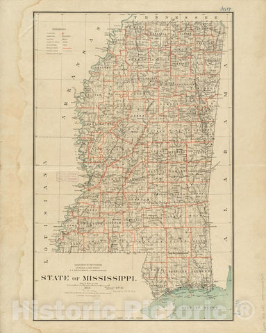 Historical Map, 1878 State of Mississippi, Vintage Wall Art