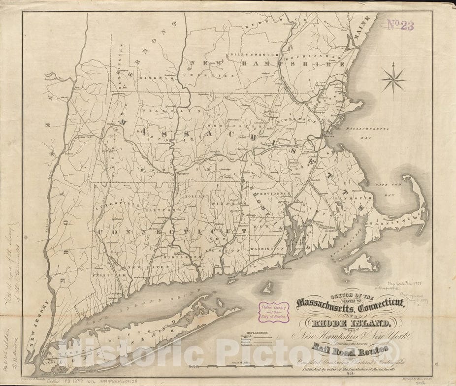 Historical Map, 1838 Sketch of The States of Massachusetts, Connecticut, and Rhode Island, and Parts of New Hampshire & New York exhibiting The Several Rail Road, Vintage Wall Art