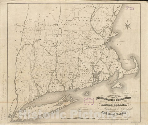 Historical Map, 1838 Sketch of The States of Massachusetts, Connecticut, and Rhode Island, and Parts of New Hampshire & New York exhibiting The Several Rail Road, Vintage Wall Art