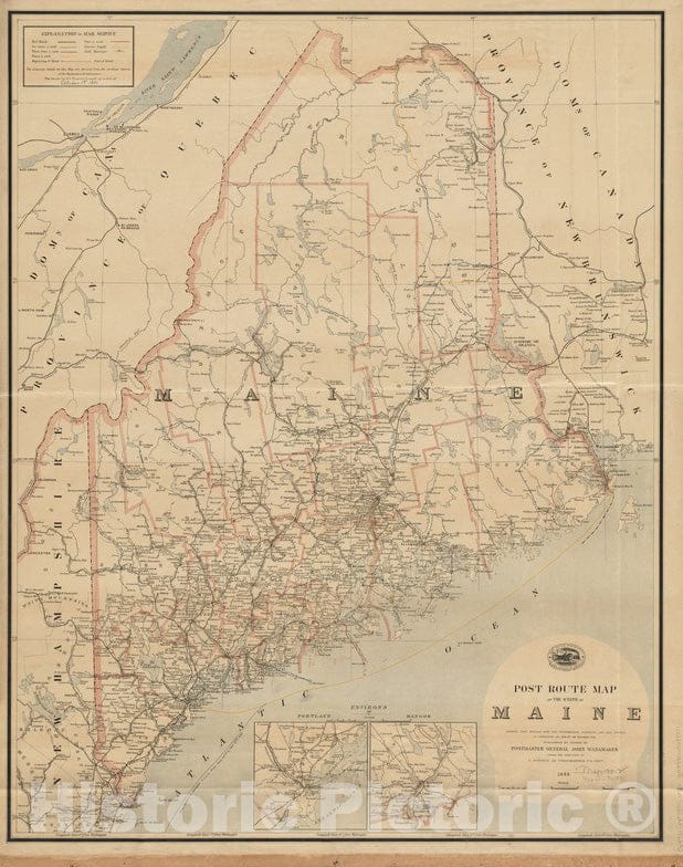Historical Map, 1888 Post Route map of The State of Maine Showing Post Offices with The Intermediate Distances and Mail Routes in Operation on The 1st of October 1891, Vintage Wall Art