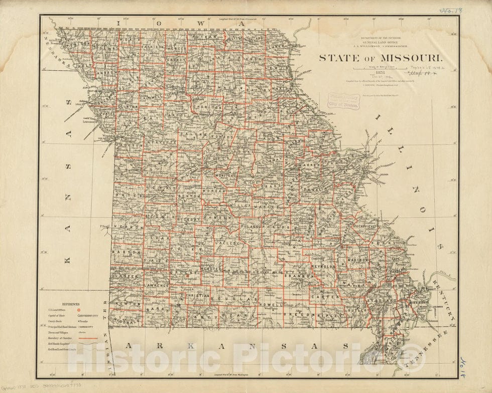 Historical Map, 1878 State of Missouri, Vintage Wall Art