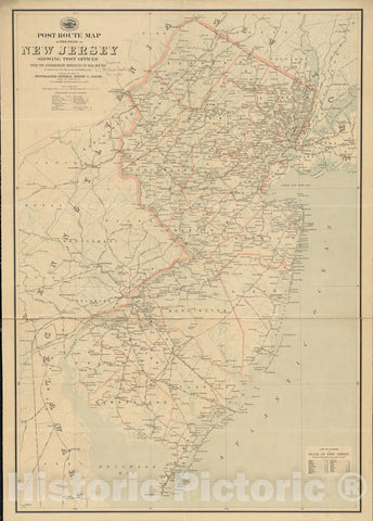 Historical Map, 1903 Post route map of the state of New Jersey showing post offices with the intermediate distances on mail routes in operation on the 1st of December, 1903, Antique Vintage Wall Art