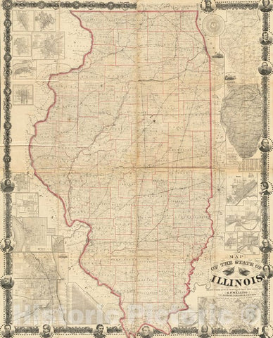 Historical Map, 1863 Map of The State of Illinois, Vintage Wall Art