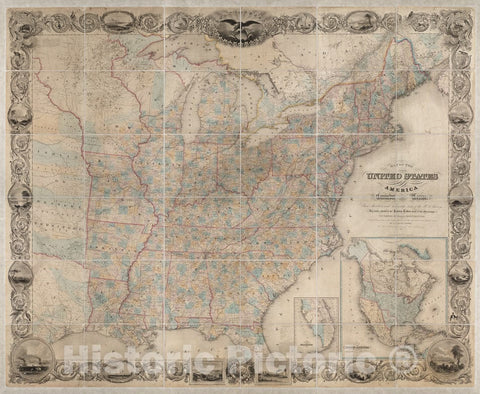 Historical Map, 1845 Map of The United States of America : Including Canada and a Large Portion of Texas Showing The Base Meridian and Township Lines of The U.S, Vintage Wall Art