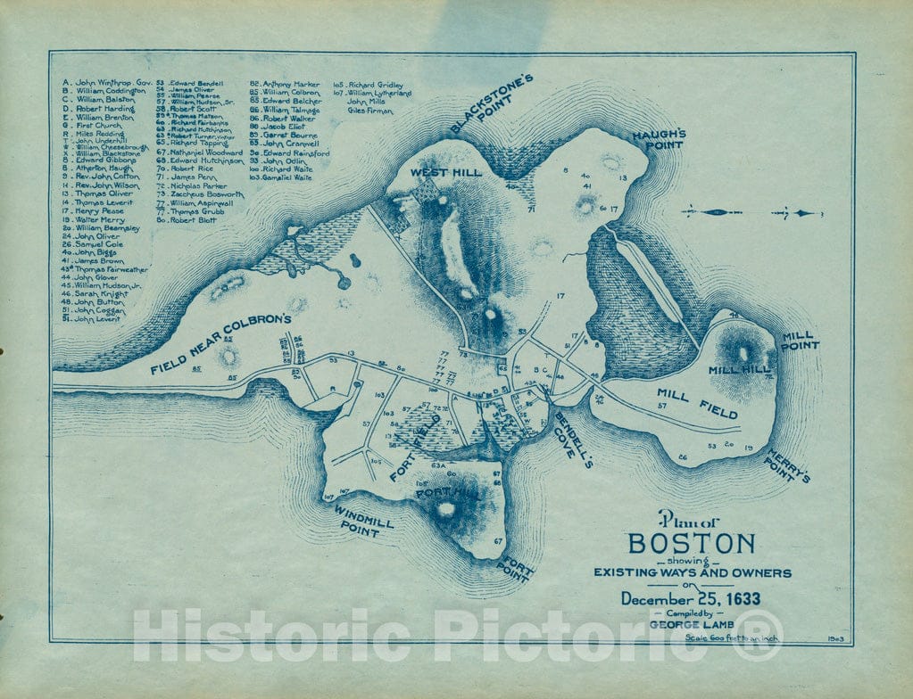 Historical Map, Plan of Boston Showing existing Ways and Owners on December 25, 1633, Vintage Wall Art