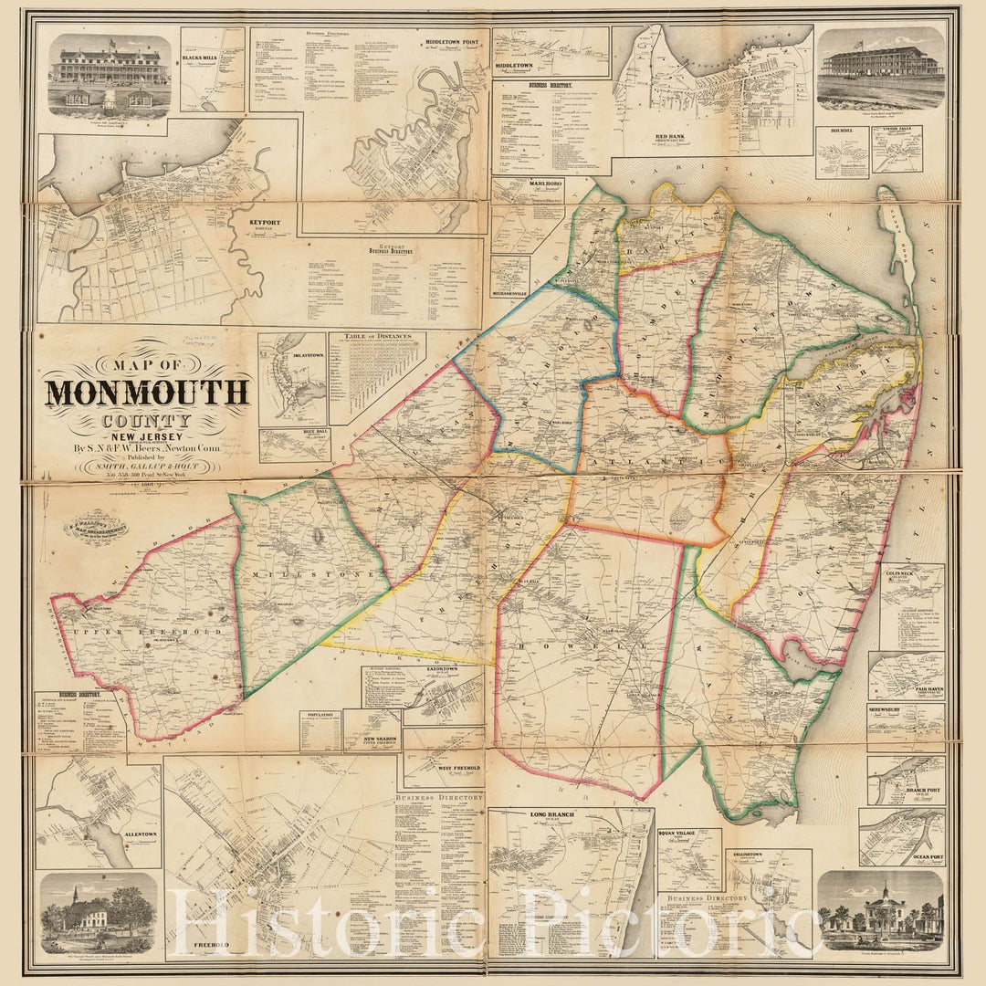 Historical Map, 1861 Map of Monmouth County, New Jersey, Vintage Wall Art