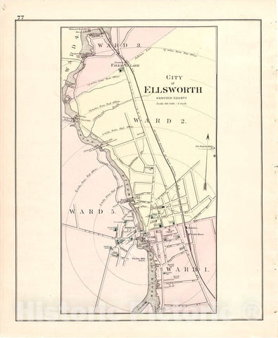 Historic 1887 Map - Colby's Atlas of The State of Maine - City of Ellsworth